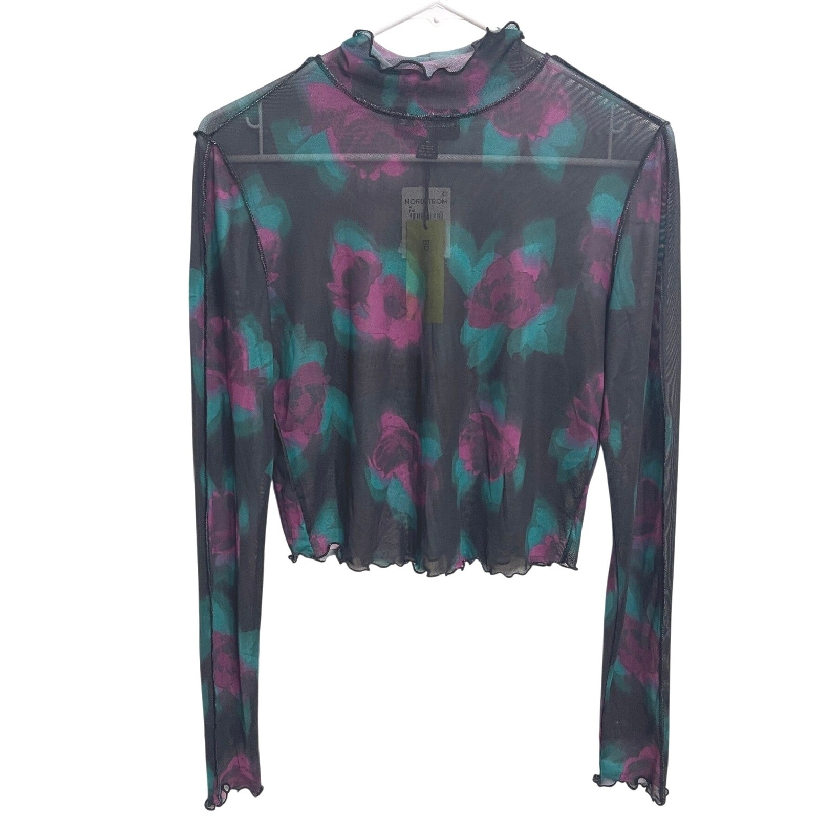 Bp + Wildfang Grunge Mesh Sheer Floral Mock Neck Crop Top Black Motion Flrl M